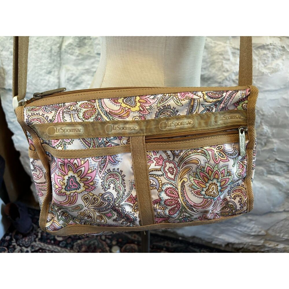 LeSportSac Paisley Crossbody Everyday Bag Classic Ripstop Nylon Tan Hobo